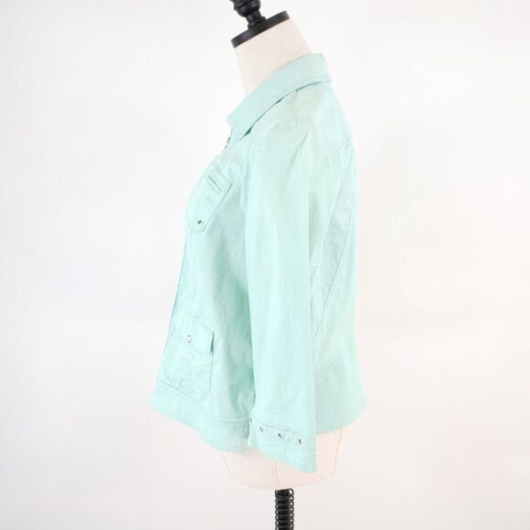 Chico's Size 1 Seafoam Green Full Zip Collared Jacket Waist Fitted Cotton Pocket - Picture 4 of 10